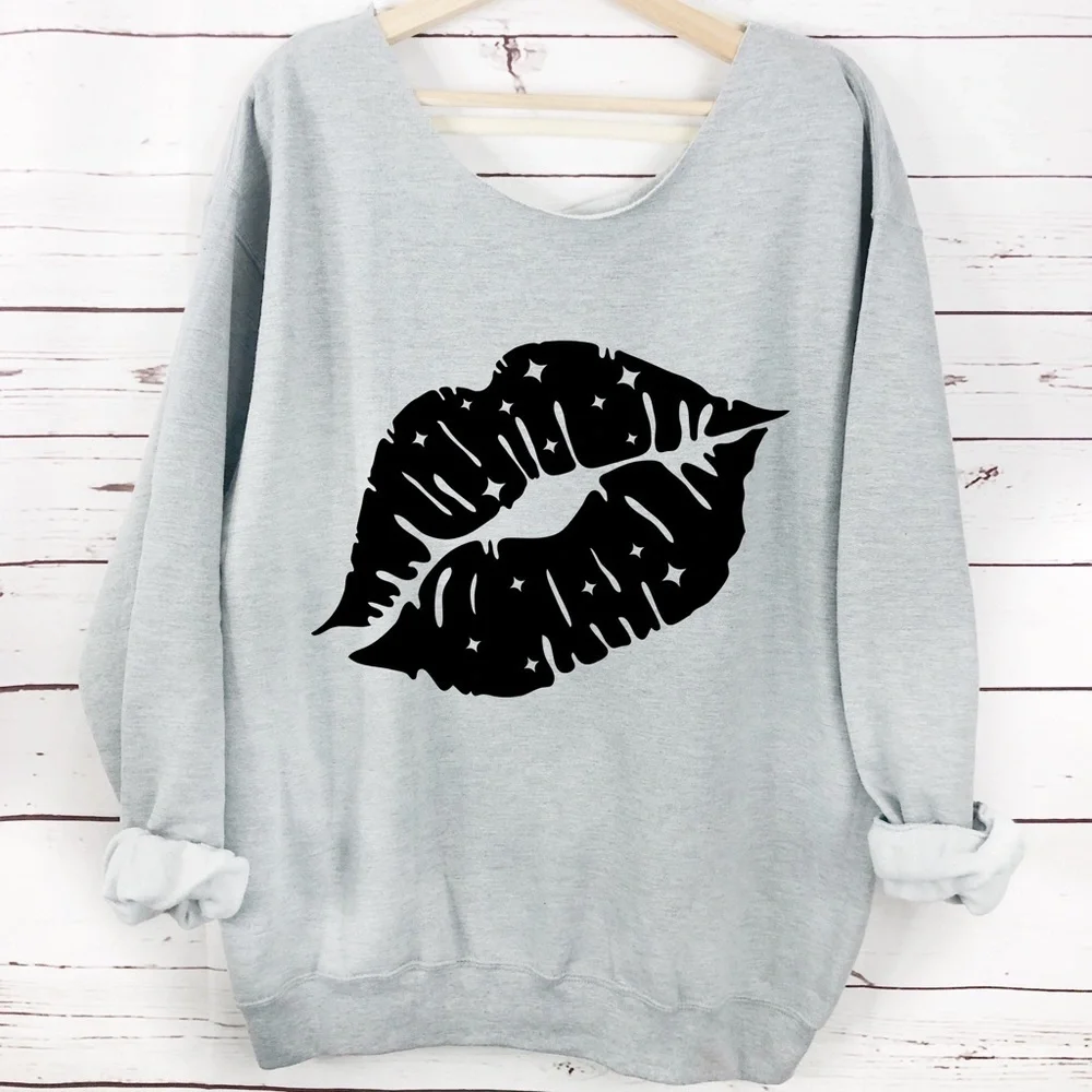 Kiss Lips Slouchy Neck Long Sleeve Sweatshirt Multiple Colors And Sizes - Picture 2 of 5